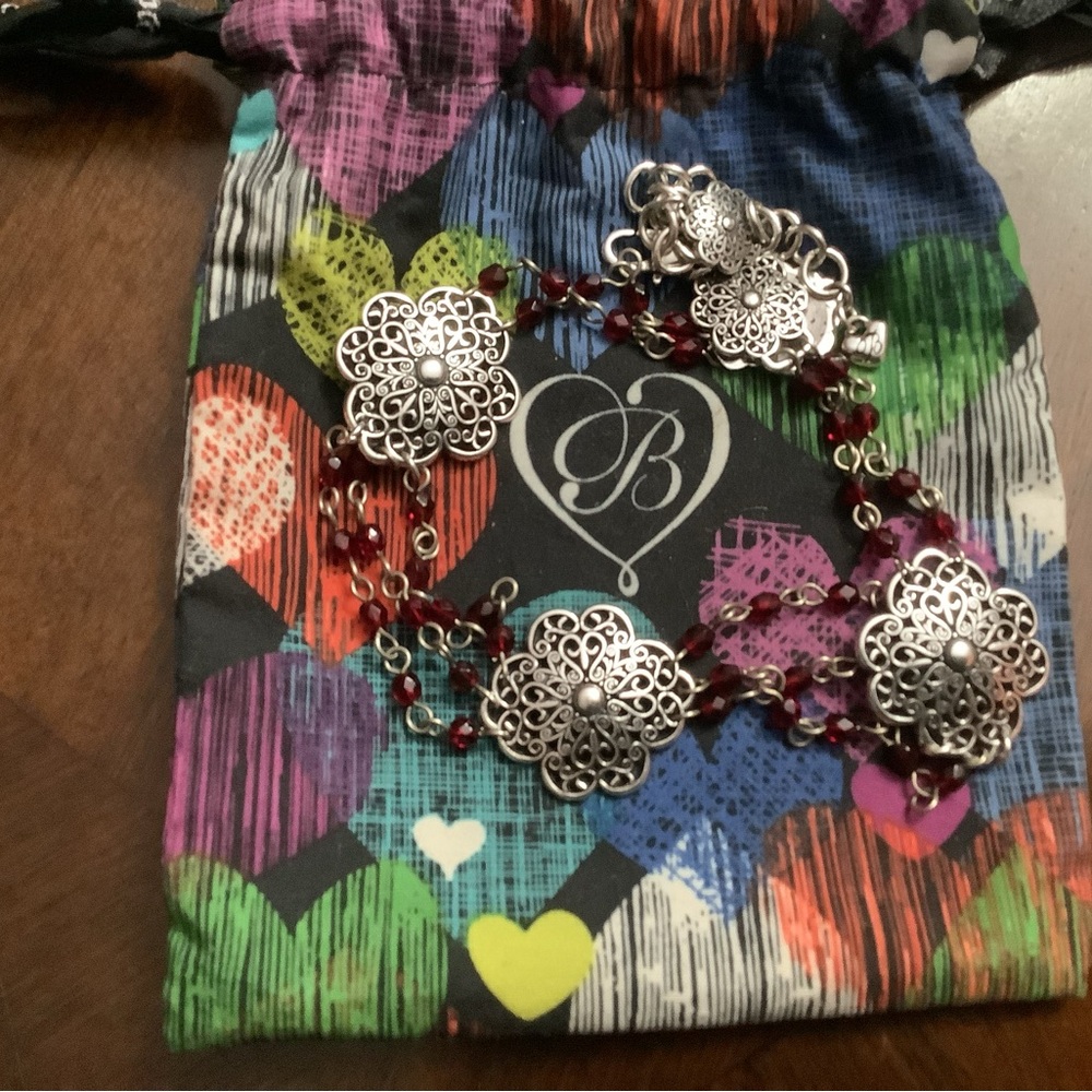 Brighton Silver and Red Floral Medallion Necklace, NWOT. Dust bag included - Picture 8 of 10